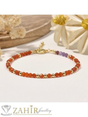 Мега яка гривна за ръка или глезен от естествен оранжев карнеол 3 мм топче и стоманени елементи, закопчалка и удължител - GA3121